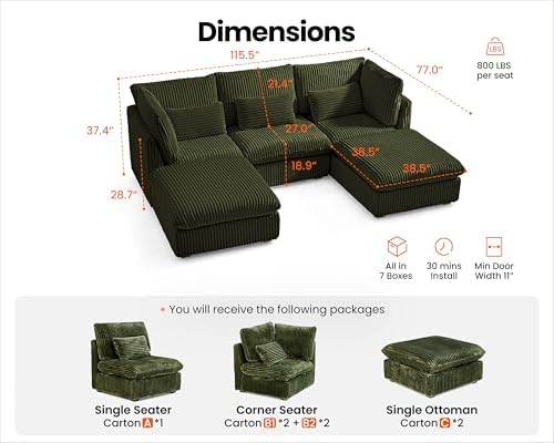115" Oversize Corduroy Modular Sectional Sofa Couches - Image 2