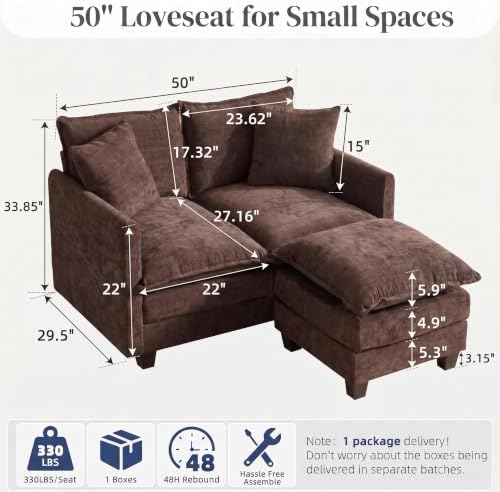 2-Seater Loveseat Sofa with Ottoman, Pet-Friendly Chenille, Washable Pillows - Image 2