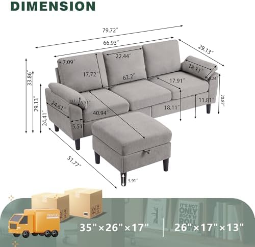 80" Convertible Sectional Sofa, Small L Shaped 3 Seat Couch - Image 2