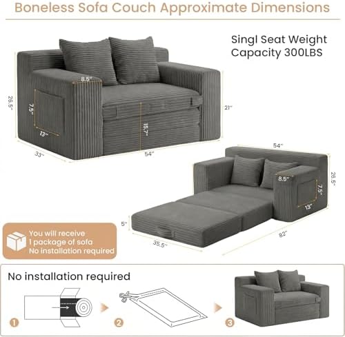 Boneless Loveseat Sofa Bed, Tri-Folding Convertible Futon Sleeper - Image 3