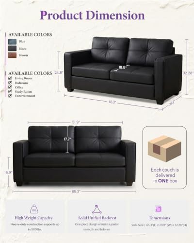 TYBOATLE 65'' Black Faux Leather Loveseat - Image 2