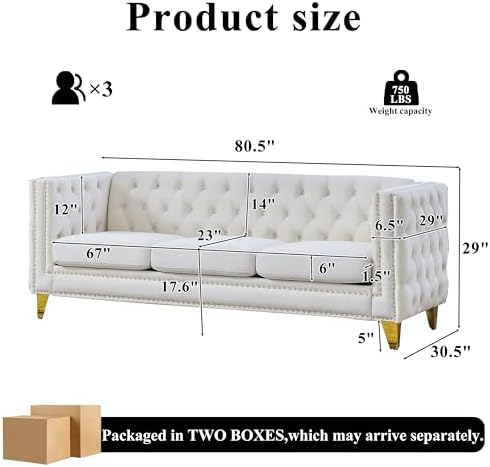 80.5" 2 Piece 3-Seater Velvet Chesterfield Sofa - Image 2