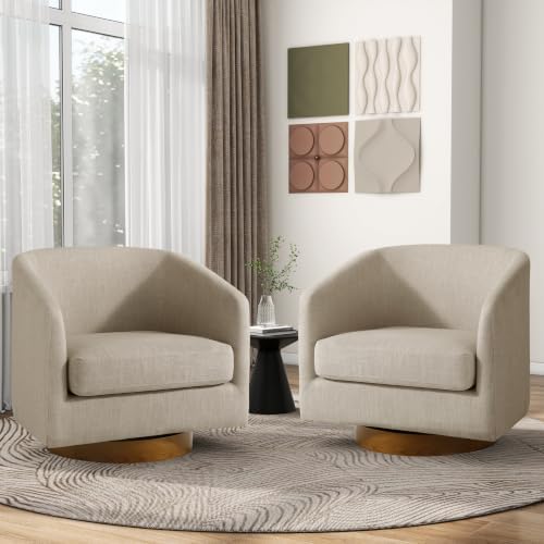 Pia Ricco Set of 4 Oversized Linen 360° Swivel Barrel Accent Chair Light Brown - Image 7