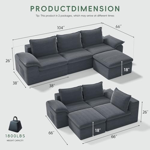 108" Cloud Sectional Couch, L-Shaped Convertible Modular Sofa. Grey - Image 2