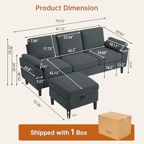 Convertible Sectional Sofa, Linen Upholstered 3 Seat Sofa - Image 2