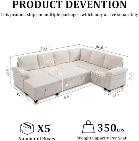 108''Modular Sectional Sleeper Sofa, L Shape Pull Out Sofa Bed - Image 3
