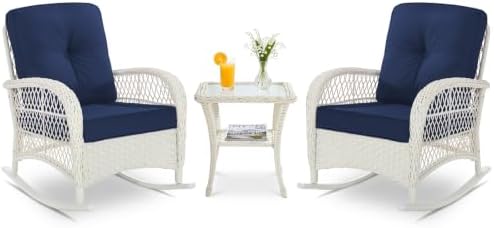 VIVIJASON Outdoor Rocking Chairs Set of 2, 3 Piece Patio Wicker Bistro Set by VIVIJASON