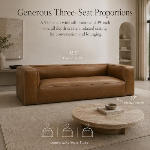 92.5-Inch Cognac Tan Genuine Leather Sofa, Modern 3-Seater Couch - Image 6