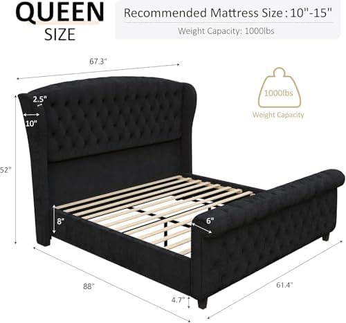 AMERLIFE Queen Size Upholstered Sleigh Bed Frame - Image 2