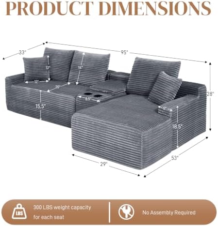 95" L Shaped Cloud Couch Modular Sectional Sofa, Comfy Fluffy Corduroy Grey - Image 2