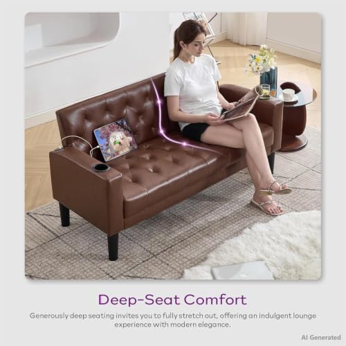 TYBOATLE 62'' Brown Leather Loveseat, Small Couch - Image 6