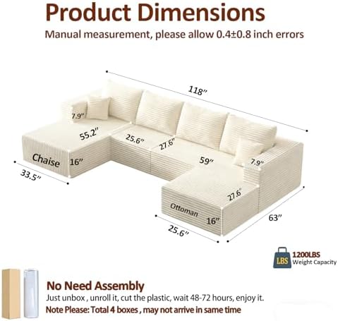 118" U-Shaped Modular Sectional Sofa Set, Soft Corduroy Cloud Couch - Image 2