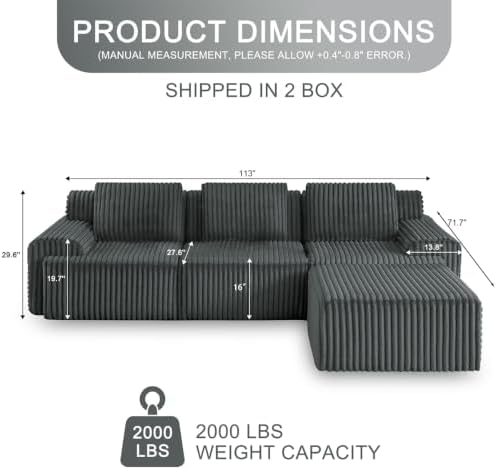 113" Boneless Couches for Living Room Oversized L-Shaped Grey - Image 2