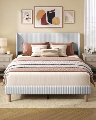 Bestier Queen Bed Frame with Wingback Headboard, Upholstered, Light Grey - Image 6