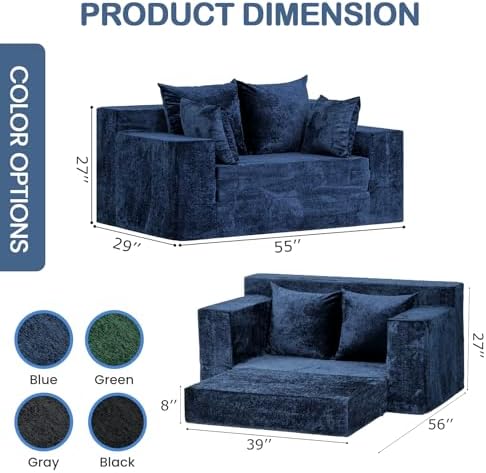 55" Small Boneless Couch, 3-in-1 Boneless Loveseat Sleeper Sofa Bed Convertible - Image 2