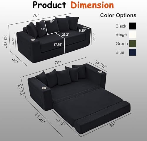 76" Convertible Sofa Bed, Corduroy Boneless Couch - Image 2