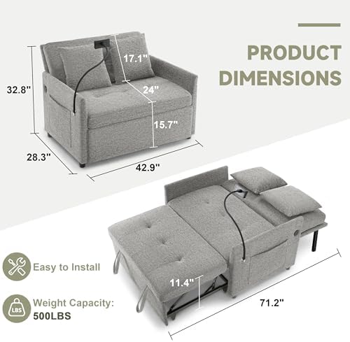 Loveseat Sleeper Sofa Convertible Sofa Bed, Pull out couch, Light Grey - Image 2