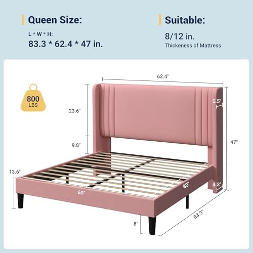 Allewie Queen Size Velvet Platform Bed Frame Frame, Tall Wingback Headboard - Image 2