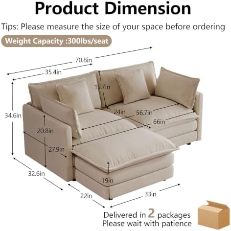70.8” Loveseat with Ottoman, Deep Seat L Shaped Cloud Couch - Image 2