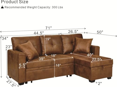 L Shaped Sectional Couch with Storage and Pull Out Bed, 3 Seater Sleeper Sofas - Image 2