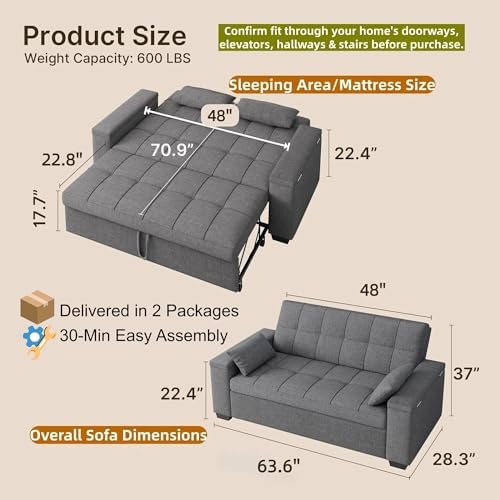 Gizoon 63.6" Convertible Sofa Bed, 3-in-1 Loveseat Sleeper, Small Couch - Image 2