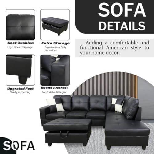 Black L-Shaped 3-Piece Faux Leather Sofa - Image 4