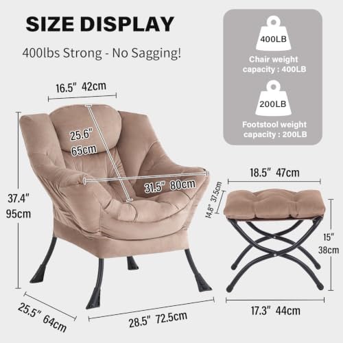 Tiita Lazy Chair with Ottoman, Comfy Reading Accent Chair, Velvet Khaki - Image 2