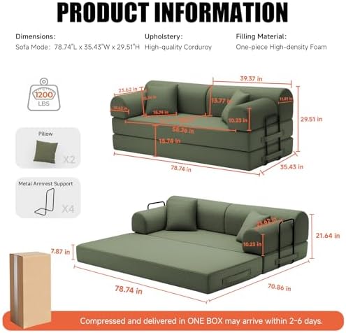 79" Memory Foam Sofa Bed, High Backrest Convertible Futon Boneless Couch - Image 2