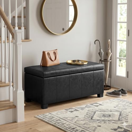 SIMPLIHOME Dover 36" Wide Vegan Leather Storage Ottoman in Distressed Black - Image 2