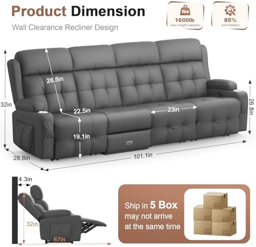 Reclining Loveseat Sofa, RV Loveseats Recliner Sofas Wall Hugger, Double - Image 2