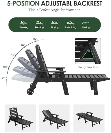 HDPE Outdoor Chaise Lounge Chair Set of 2, 77.8" Extended Length Patio Lounge - Image 5