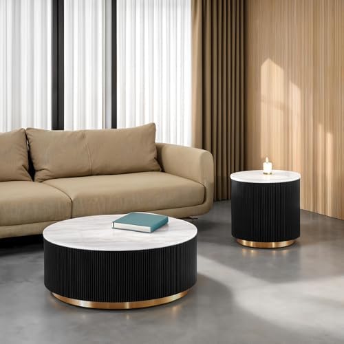 Round Coffee Table, 35 Inch Modern Contemporary Drum Cocktail Table - Image 5