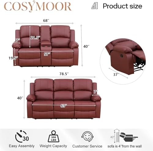 Manual Recliner Sofa Set for Living Room, Leather Reclining Sofa Sets, Leather - Image 2
