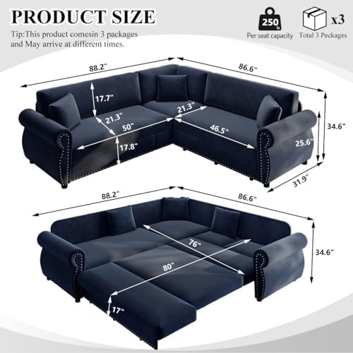 88.2" Chenille Vintage L-Shaped Pull-Out Sectional Sleeper Sofa Bed - Image 3