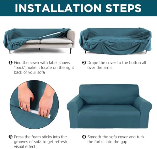 Peryiter 2 Pcs Couch and Loveseat Sofa Covers, Peacock Blue, Milk Silk - Image 3