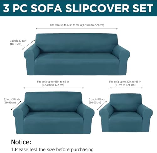 Peryiter 3 Pcs Couch and Loveseat Sofa Covers, Peacock Blue, Milk Silk - Image 2