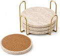 Travertine Coasters with Gold Holder, Cork Backing by DASSNANE