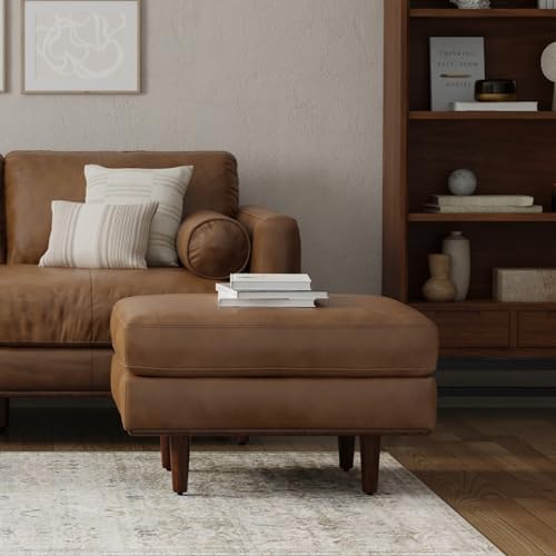 SIMPLIHOME Morrison 33" Wide Genuine Leather Ottoman in Caramel Brown - Image 2