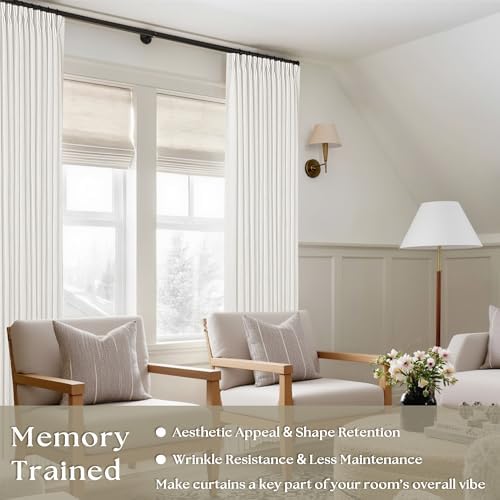 TWODRAPES Beige White Pinch Pleated Linen Curtains 2 Panels 100 Inches Long - Image 2