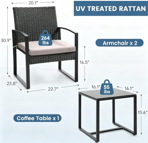 Murago 3-Piece Wicker Patio Bistro Set, Patio Conversation Set - Image 6