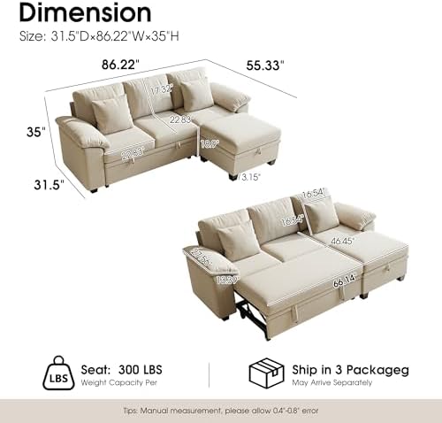 86" Modular Sectional Sleeper Sofa Bed, L Shaped 4 Seat Pull Out Couch - Image 2