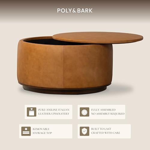 Poly & BARK Herve Storage Ottoman – Round Italian Full-Grain Leather Ottoman - Image 4