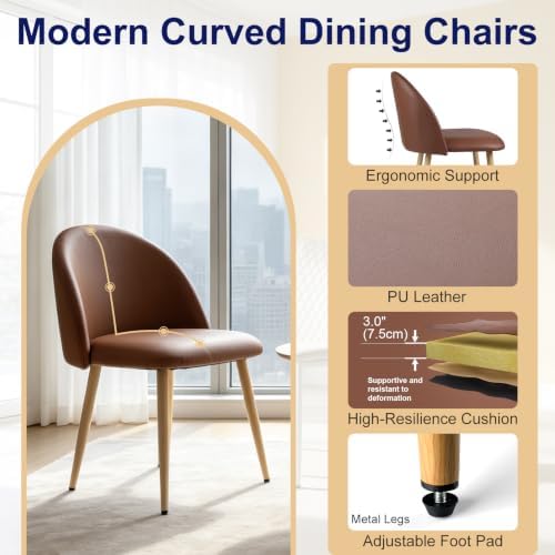 Lightdot Modern PU Leather Dining Chairs Set of 2 Brown Kitchen Side Chairs - Image 4