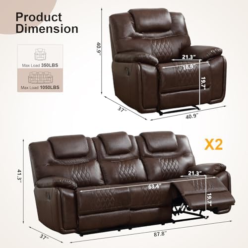 ANJ 3-Piece Manual Reclining Sofa Set, Premium Genuine Leather Reclining Sofas - Image 2