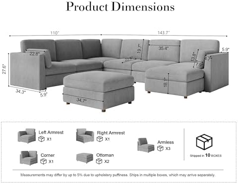 Oversized Modular Sectional Sofa U-Shaped Cloud Couches Gray - Image 2
