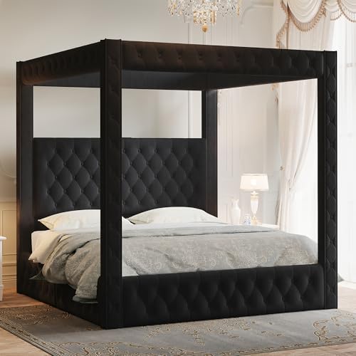 Jocisland Queen Canopy Bed Frame Velvet Upholstered Headboard by Jocisland
