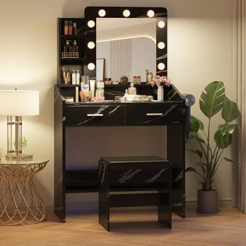 Vanity Desk with Power Outlet, Makeup Vanity with Large Mirror and LED Lights - Image 6