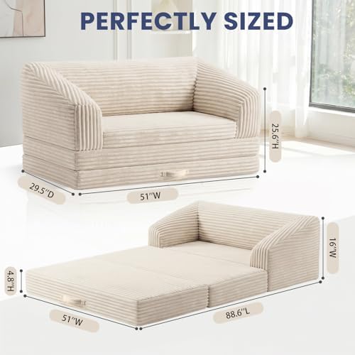 Beige Loveseat 51", 2-in-1 Convertible Tri-Folding Sofa Bed - Image 2