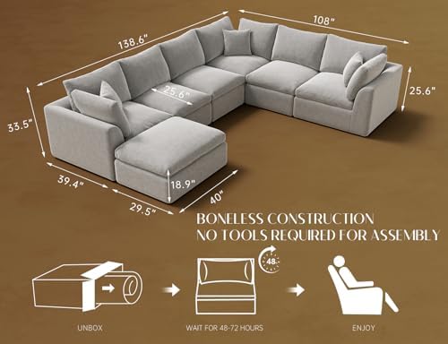 ohllob Oversized Cloud Couches for Living Room, Boneless Sectional Couch - Image 2