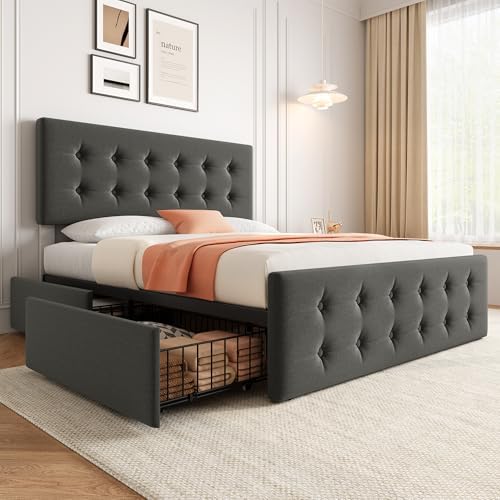 IDEALHOUSE Full Bed Frame with 4 Storage Drawers and Headboard, Light Grey by IDEALHOUSE